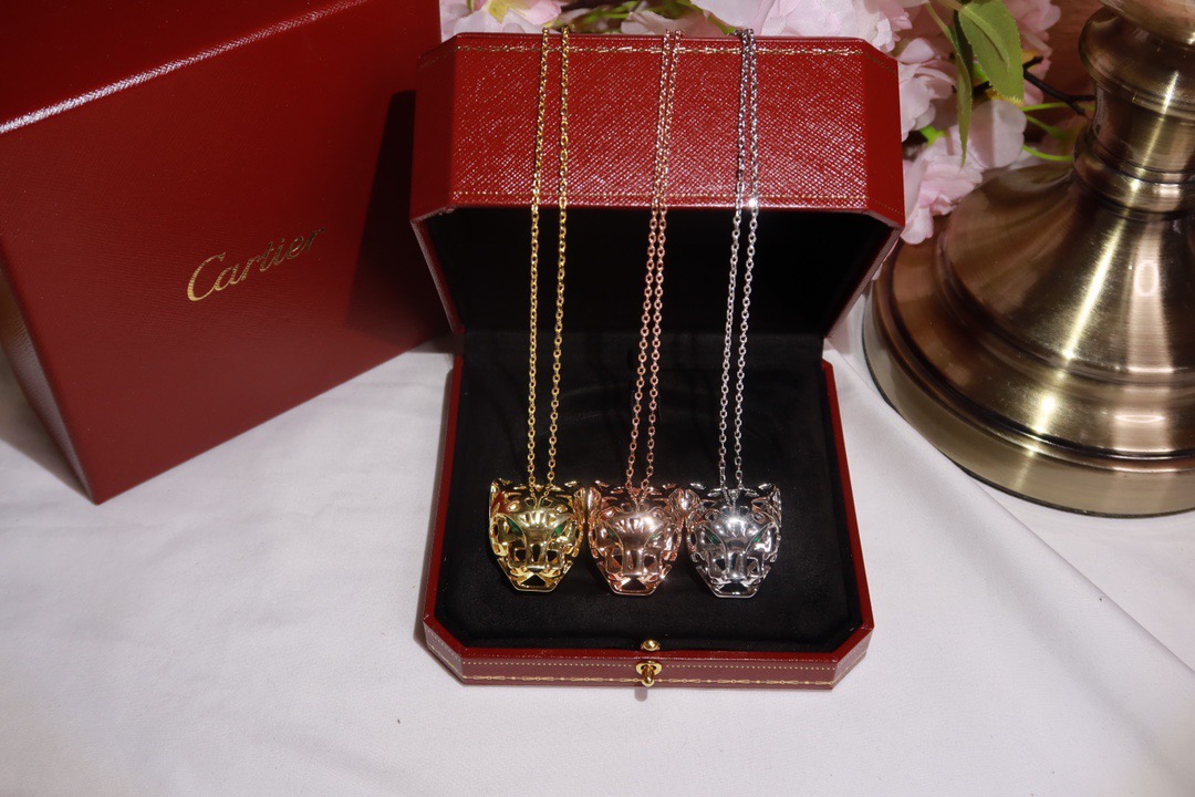 Cartier Panthere de Cartier Skeleton Panther Head necklace 18k white gold yellow gold rose gold with green gemstone eyes 60 5cm