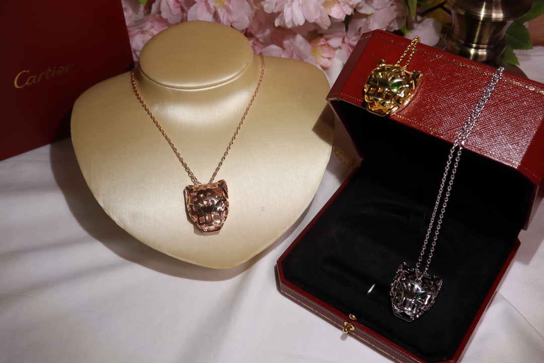 Cartier Panthere de Cartier Skeleton Panther Head necklace 18k white gold yellow gold rose gold with green gemstone eyes 60 5cm