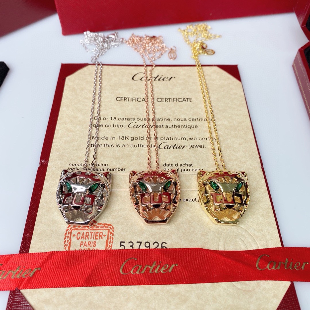 Cartier Panthere de Cartier Skeleton Panther Head necklace 18k white gold yellow gold rose gold with green gemstone eyes 60 5cm