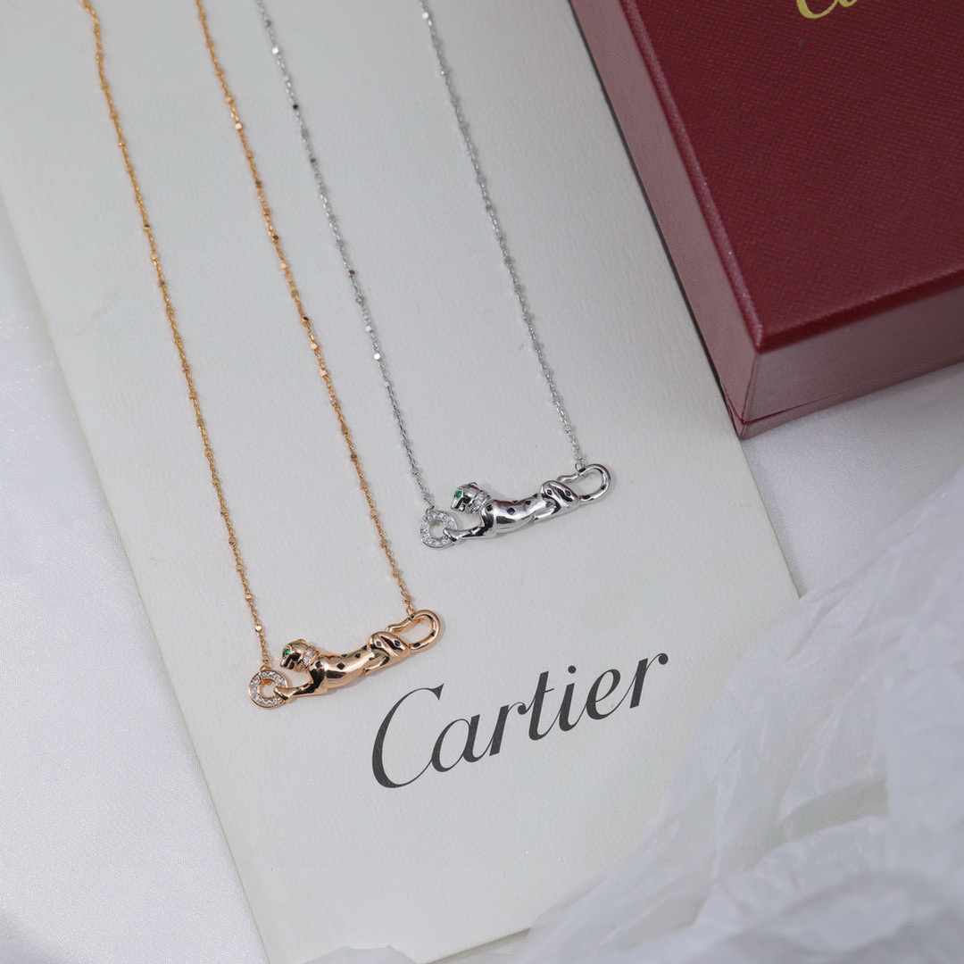 Cartier Panthere de Cartier necklace Rose gold with black onyx spots diamond accents green tsavorite garnet eyes 42cm