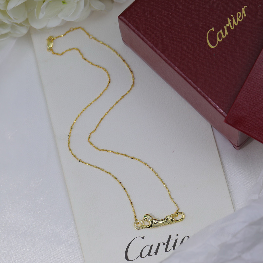 Cartier Panthere de Cartier necklace Rose gold with black onyx spots diamond accents green tsavorite garnet eyes 42cm