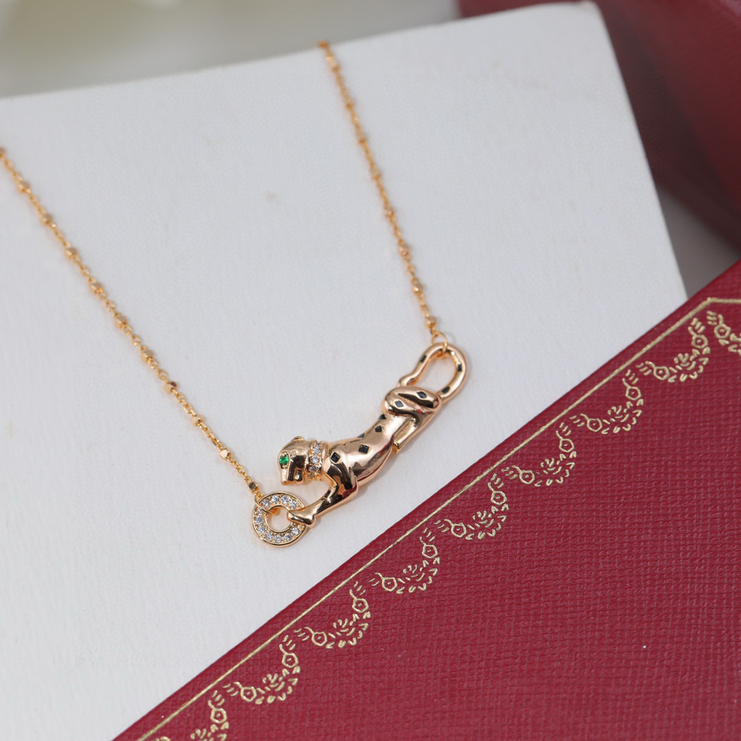 Cartier Panthere de Cartier necklace Rose gold with black onyx spots diamond accents green tsavorite garnet eyes 42cm