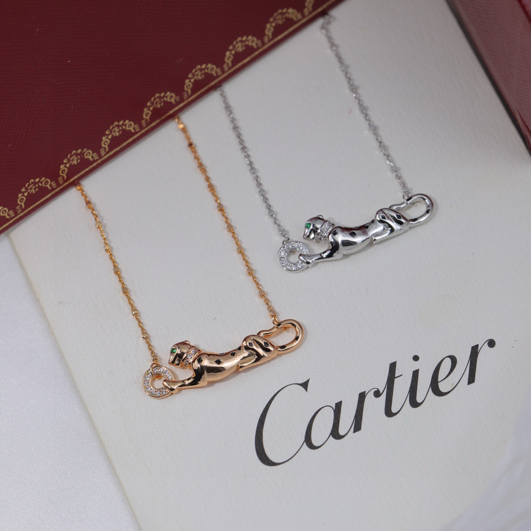 Cartier Panthere de Cartier necklace Rose gold with black onyx spots diamond accents green tsavorite garnet eyes 42cm