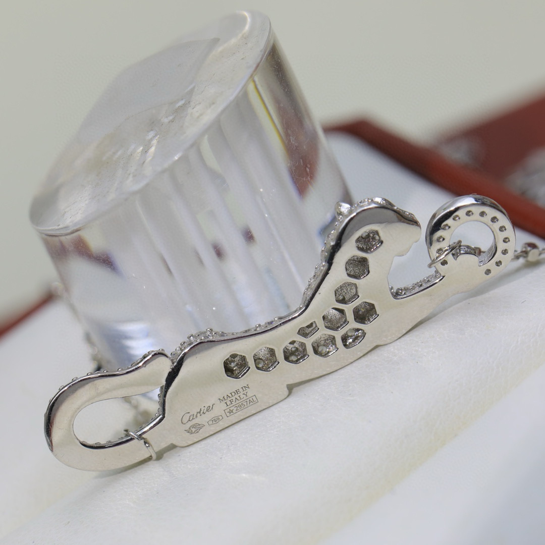 Cartier Panthere de Cartier necklace 18k yellow gold 18k rose gold 18k white gold with pave diamonds black onyx spots emerald panther eyes 42cm