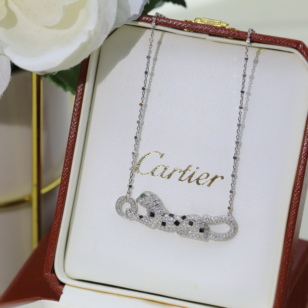 Cartier Panthere de Cartier necklace 18k yellow gold 18k rose gold 18k white gold with pave diamonds black onyx spots emerald panther eyes 42cm