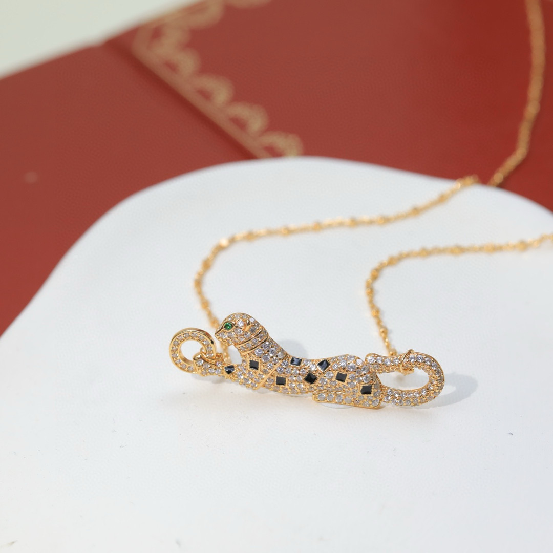 Cartier Panthere de Cartier necklace 18k yellow gold 18k rose gold 18k white gold with pave diamonds black onyx spots emerald panther eyes 42cm