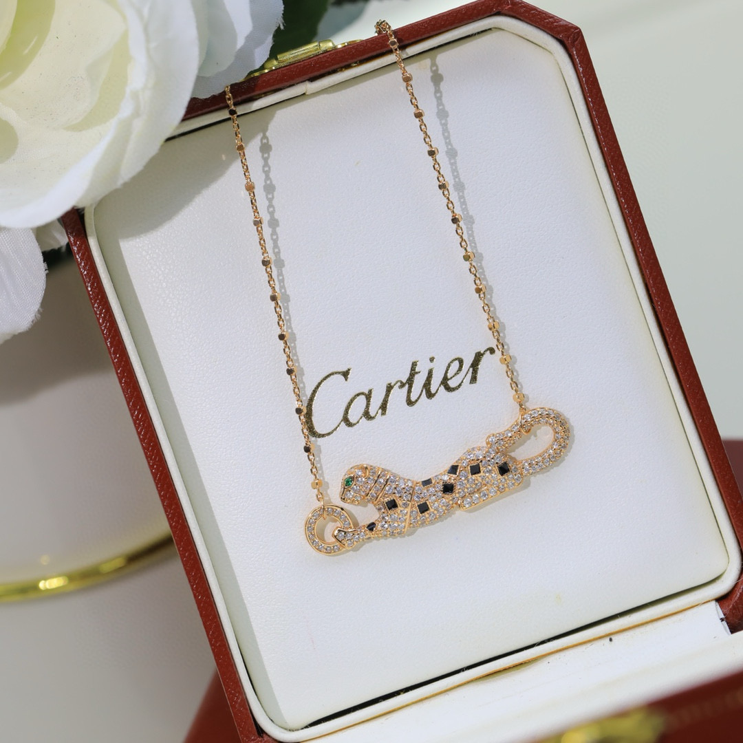 Cartier Panthere de Cartier necklace 18k yellow gold 18k rose gold 18k white gold with pave diamonds black onyx spots emerald panther eyes 42cm