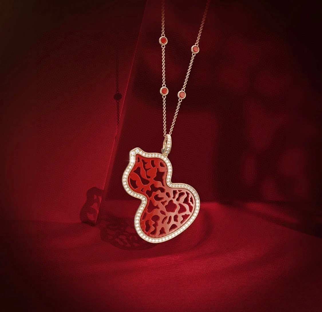 Qeelin Kirin Gourd Wulu Lace necklace rose gold metal red enamel clear diamond accents adjustable chain
