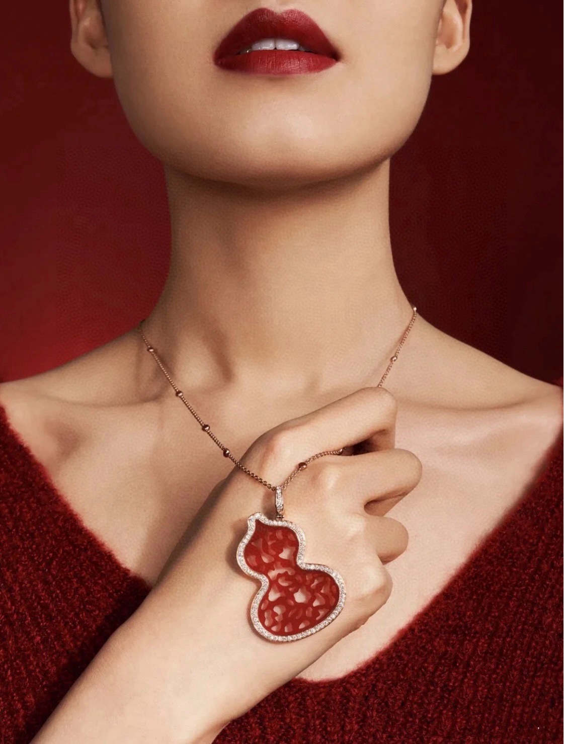 Qeelin Kirin Gourd Wulu Lace necklace rose gold metal red enamel clear diamond accents adjustable chain