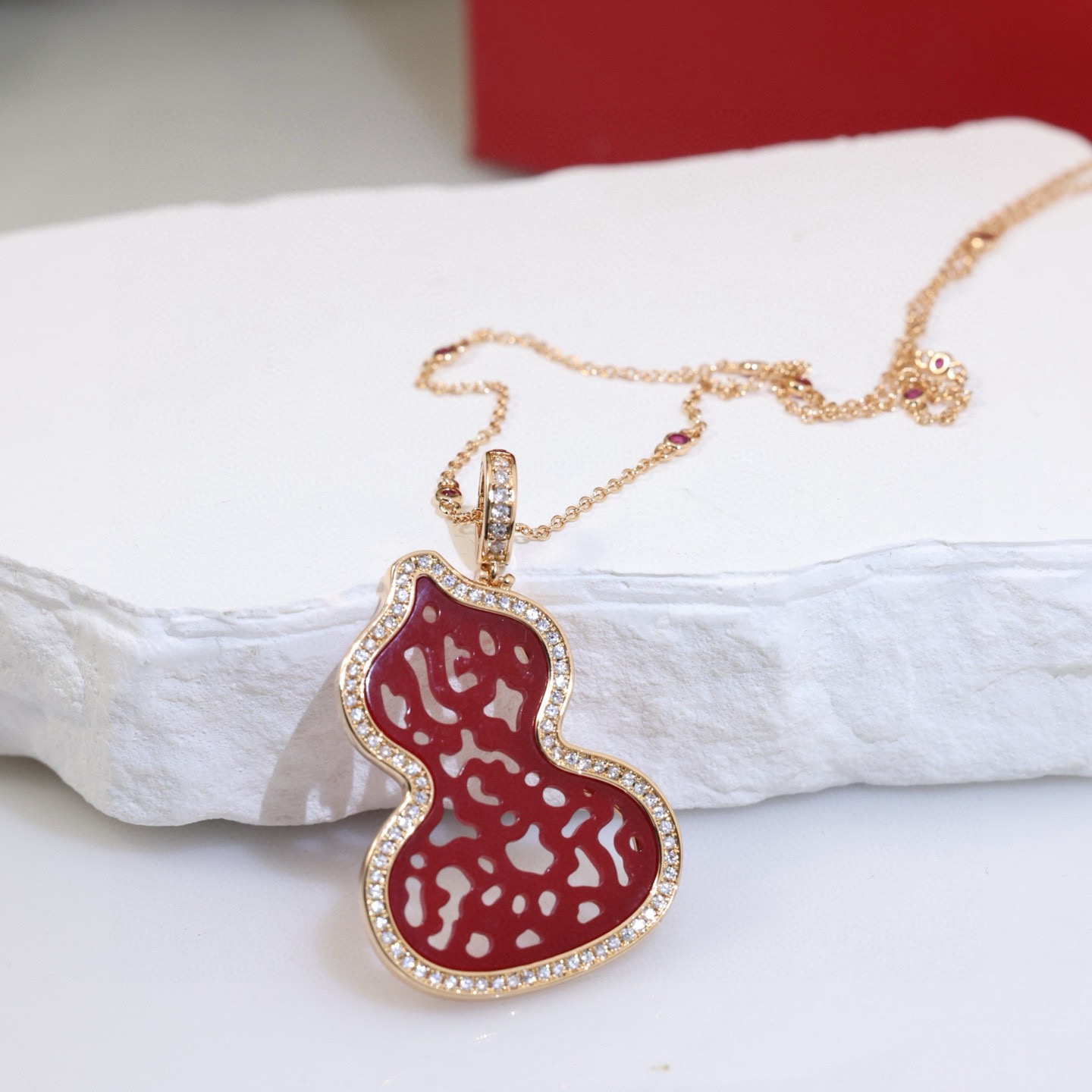 Qeelin Kirin Gourd Wulu Lace necklace rose gold metal red enamel clear diamond accents adjustable chain