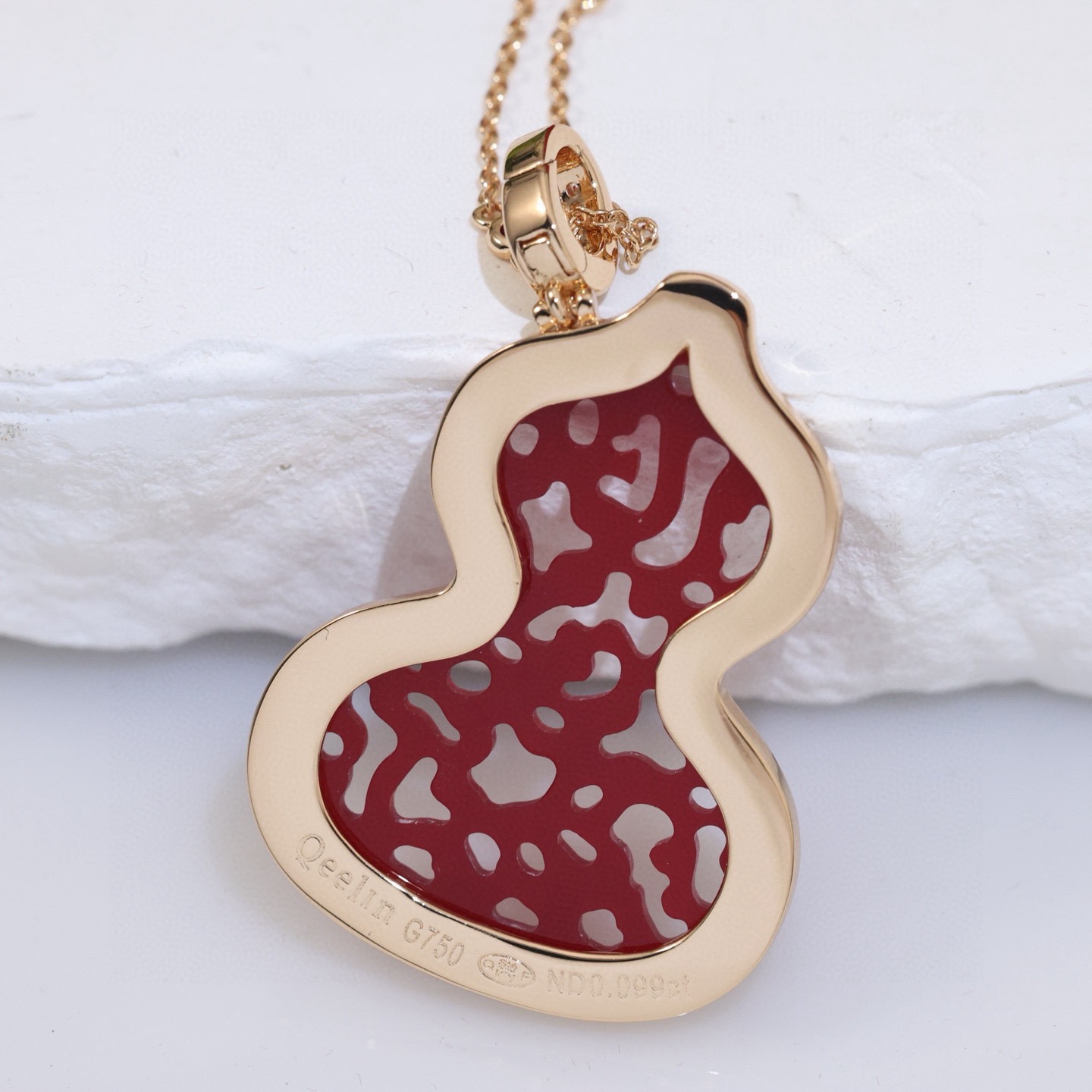 Qeelin Kirin Gourd Wulu Lace necklace rose gold metal red enamel clear diamond accents adjustable chain