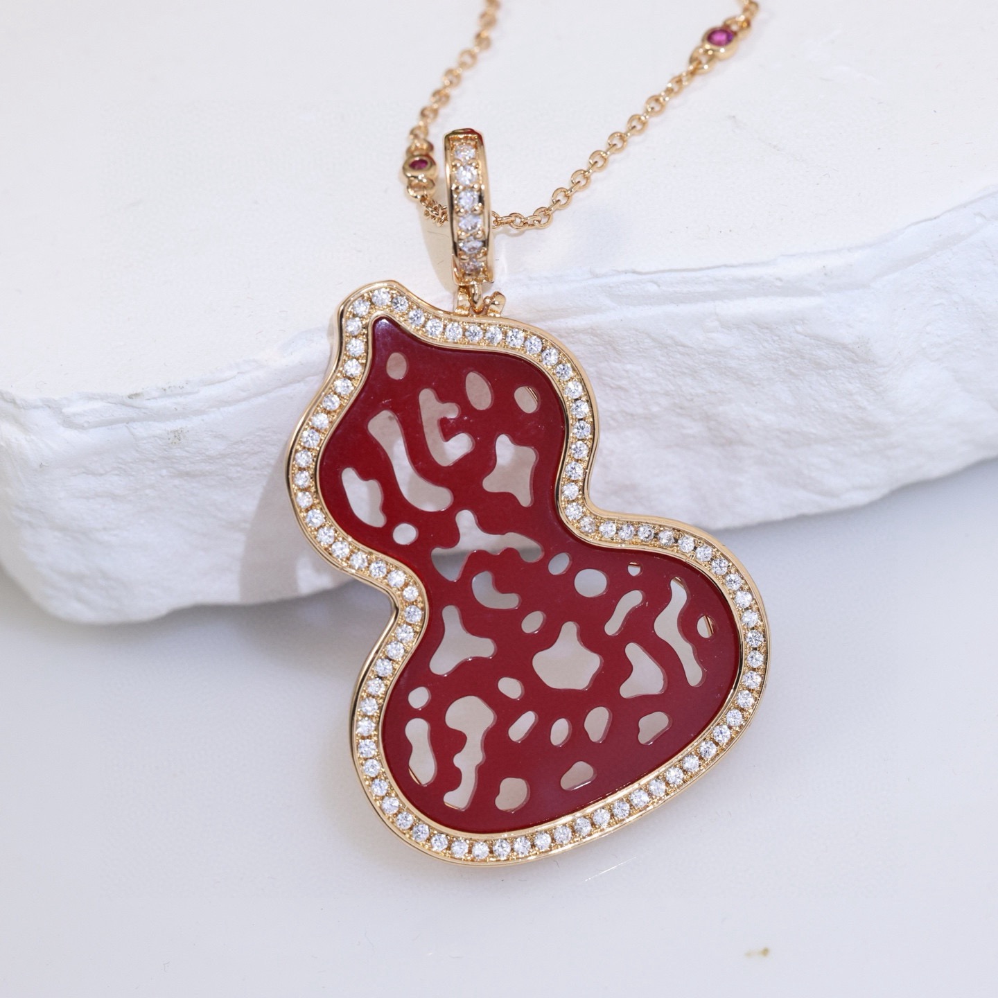 Qeelin Kirin Gourd Wulu Lace necklace rose gold metal red enamel clear diamond accents adjustable chain