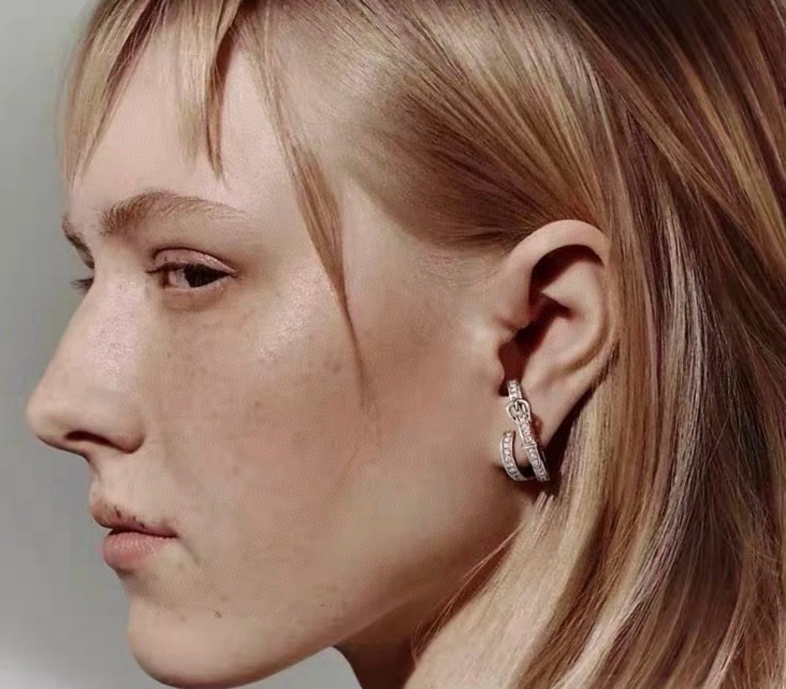 Orecchini Hermes con fibbia a doppio cerchio orecchini in metallo argentato con pietre trasparenti, diametro del cerchio di 1 5 cm