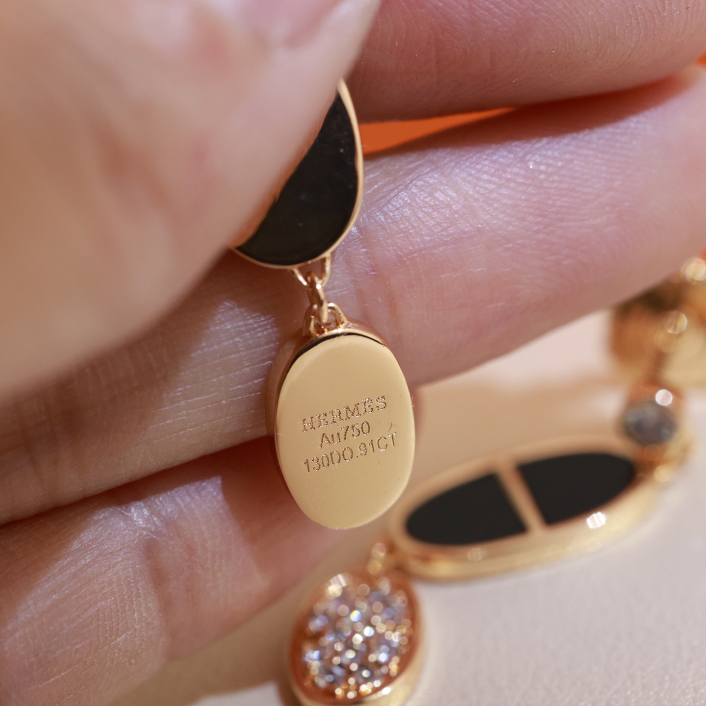 Hermes Chaine d Ancre Verso earrings Rose gold with black onyx white mother-of-pearl and clear diamonds 3 5cm drop length