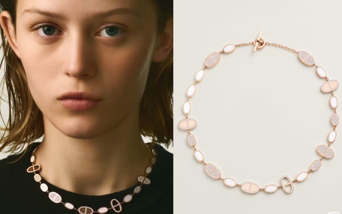 Collana Hermes Farandole in oro rosa 18 carati con accenti di madreperla bianca e diamanti 40 cm