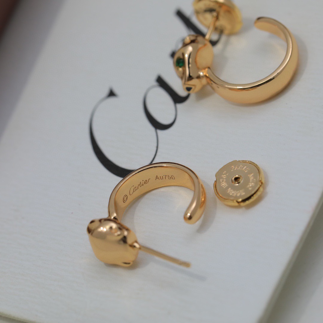 Cartier Panthere de Cartier earrings 18K yellow gold with green tsavorite garnet eyes and black lacquer accents One Size