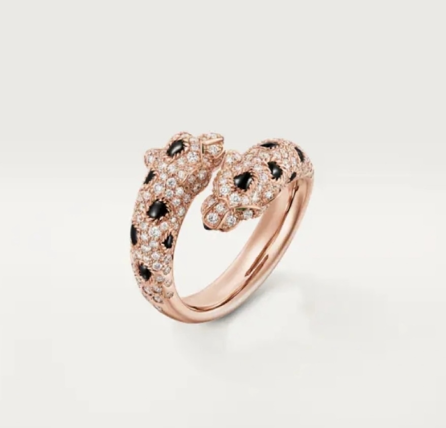 Cartier Panthere de Cartier ring 18K rose gold 18K yellow gold 18K white gold colorless diamonds black onyx tsavorite garnet US 7