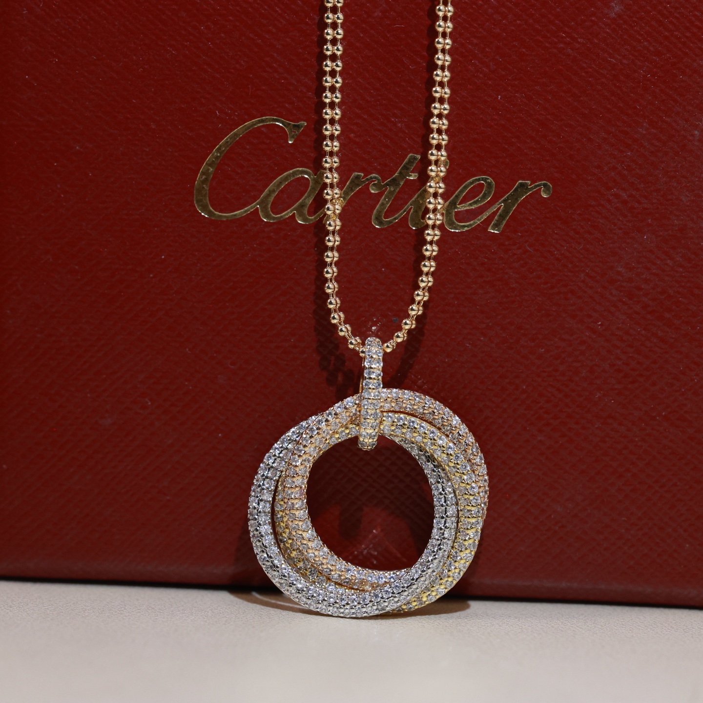 Cartier Trinity necklace Tri-tone gold yellow white rose gold with clear diamond pave 45cm