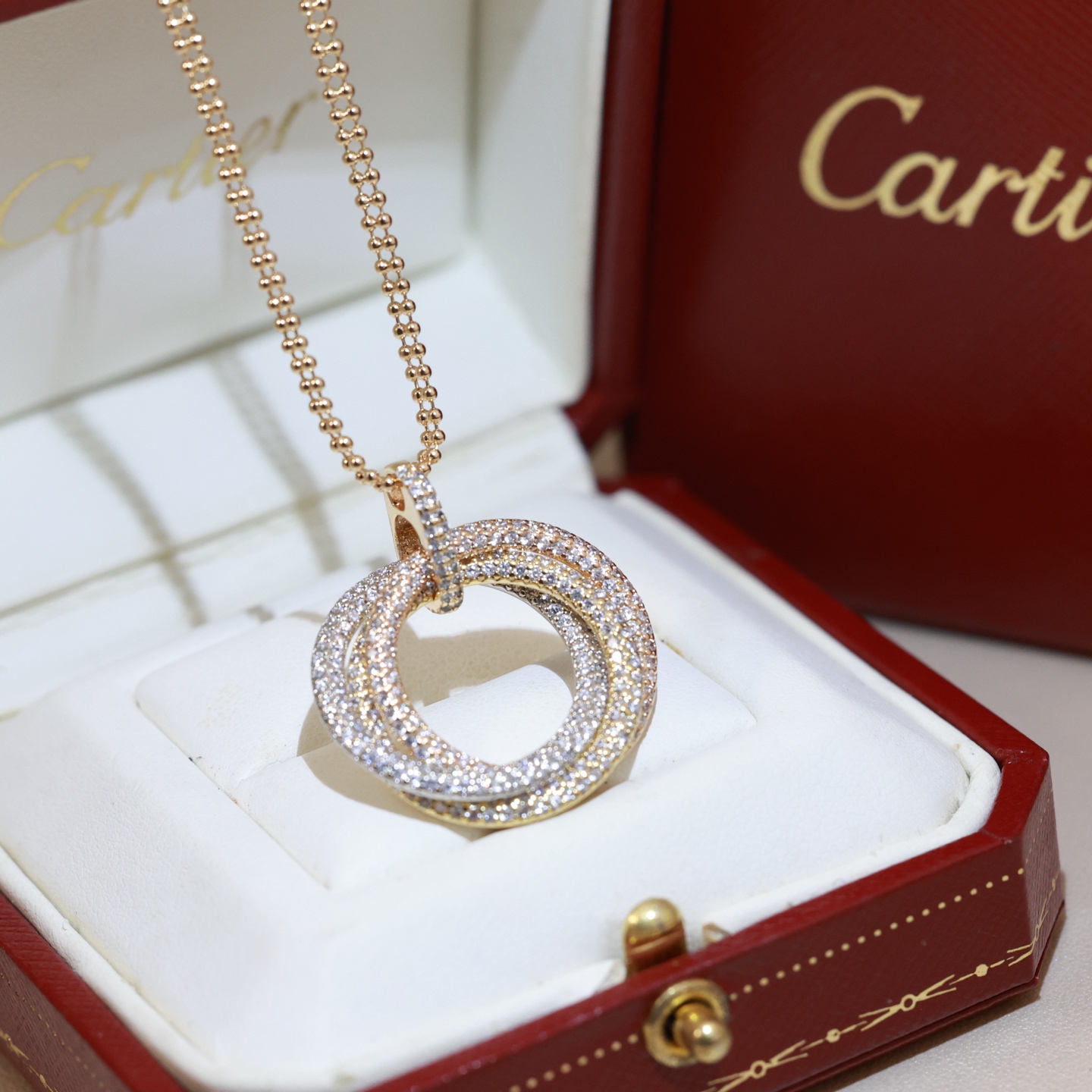 Cartier Trinity necklace Tri-tone gold yellow white rose gold with clear diamond pave 45cm