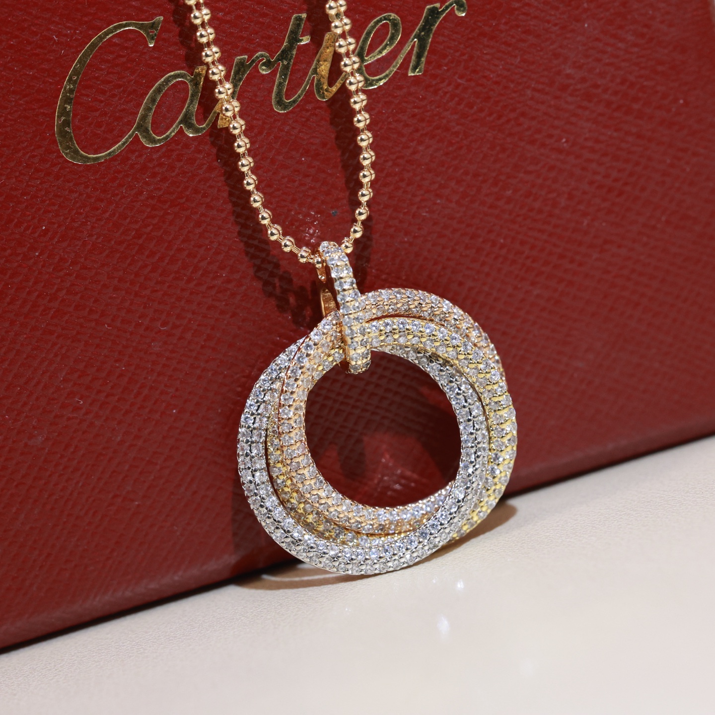 Cartier Trinity necklace Tri-tone gold yellow white rose gold with clear diamond pave 45cm