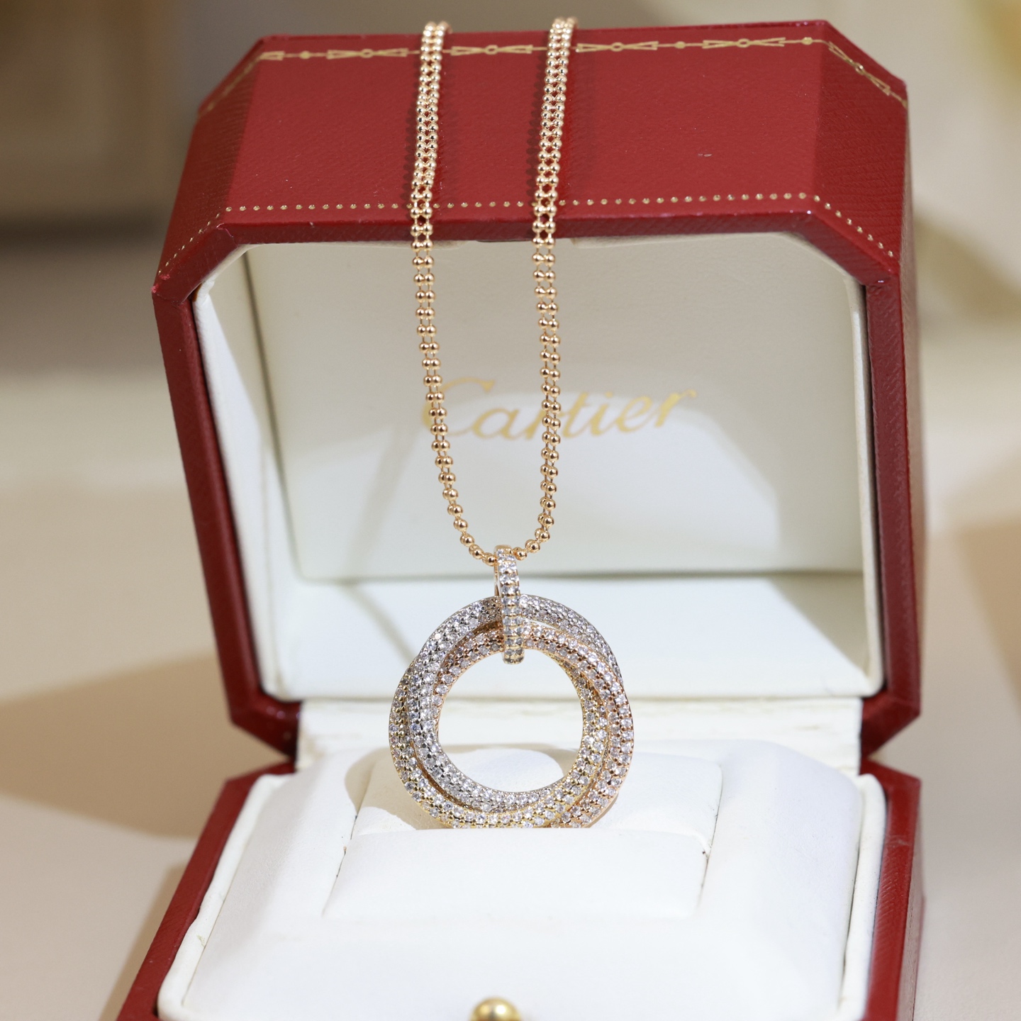 Cartier Trinity necklace Tri-tone gold yellow white rose gold with clear diamond pave 45cm