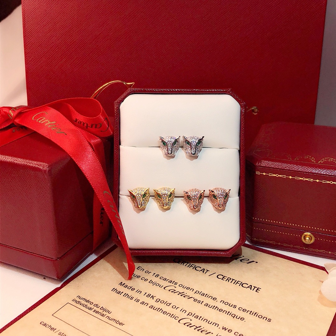 Cartier Panthere de Cartier earrings 18k white gold 18k yellow gold 18k rose gold with pave diamonds and emerald eyes 10mm stud diameter