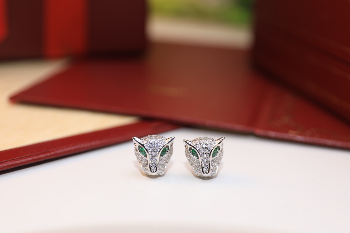 Cartier Panthere de Cartier earrings 18k white gold 18k yellow gold 18k rose gold with pave diamonds and emerald eyes 10mm stud diameter