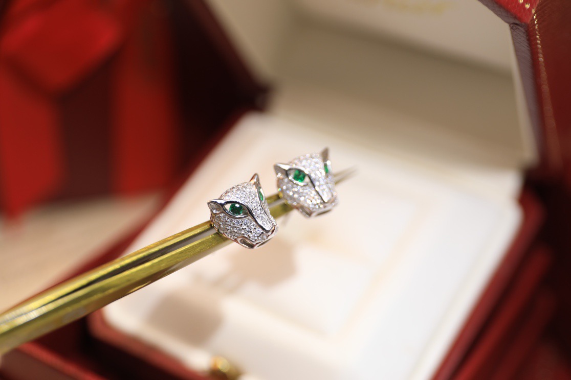 Cartier Panthere de Cartier earrings 18k white gold 18k yellow gold 18k rose gold with pave diamonds and emerald eyes 10mm stud diameter