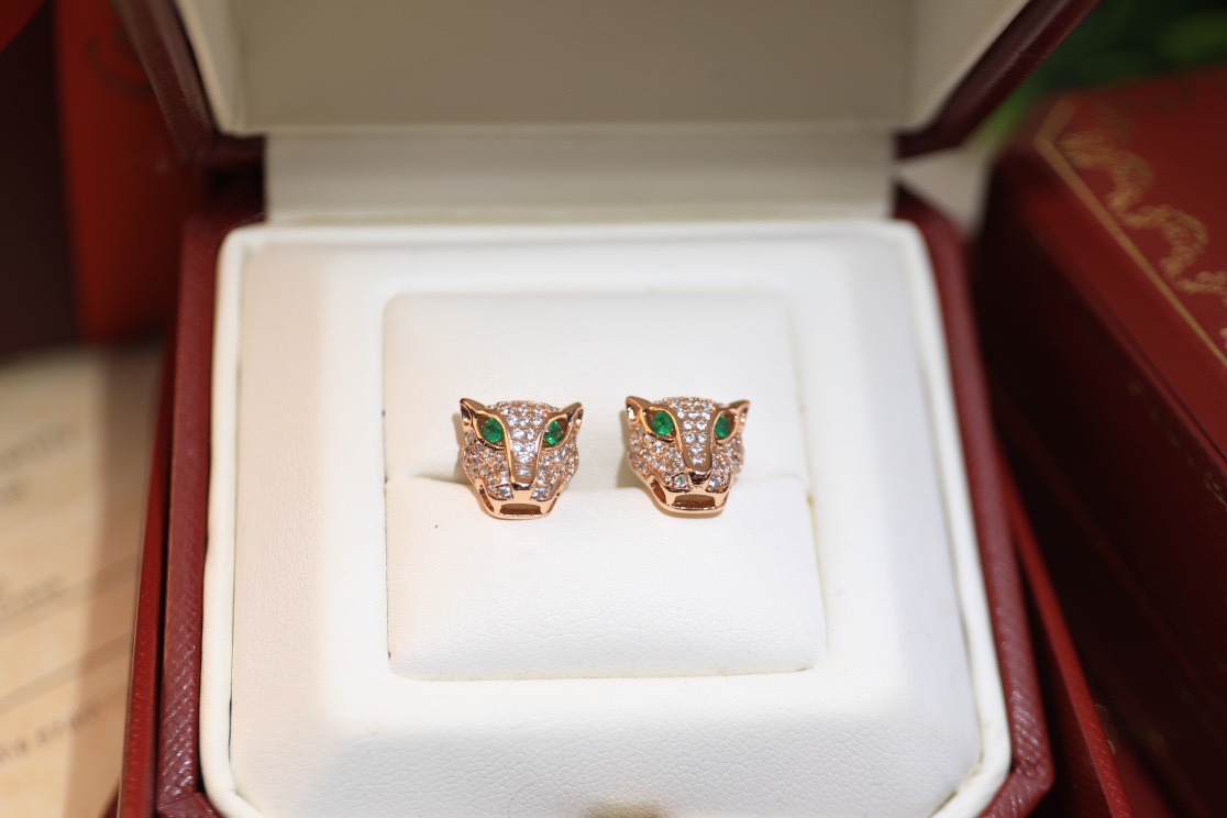 Cartier Panthere de Cartier earrings 18k white gold 18k yellow gold 18k rose gold with pave diamonds and emerald eyes 10mm stud diameter