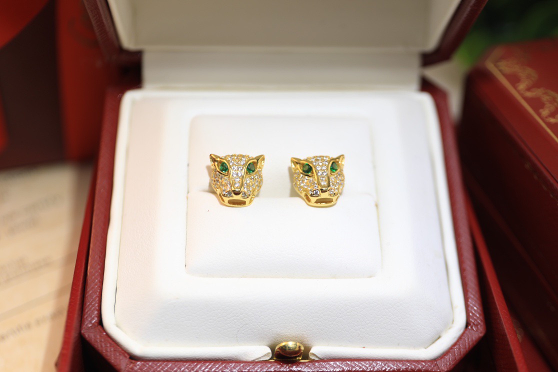 Cartier Panthere de Cartier earrings 18k white gold 18k yellow gold 18k rose gold with pave diamonds and emerald eyes 10mm stud diameter
