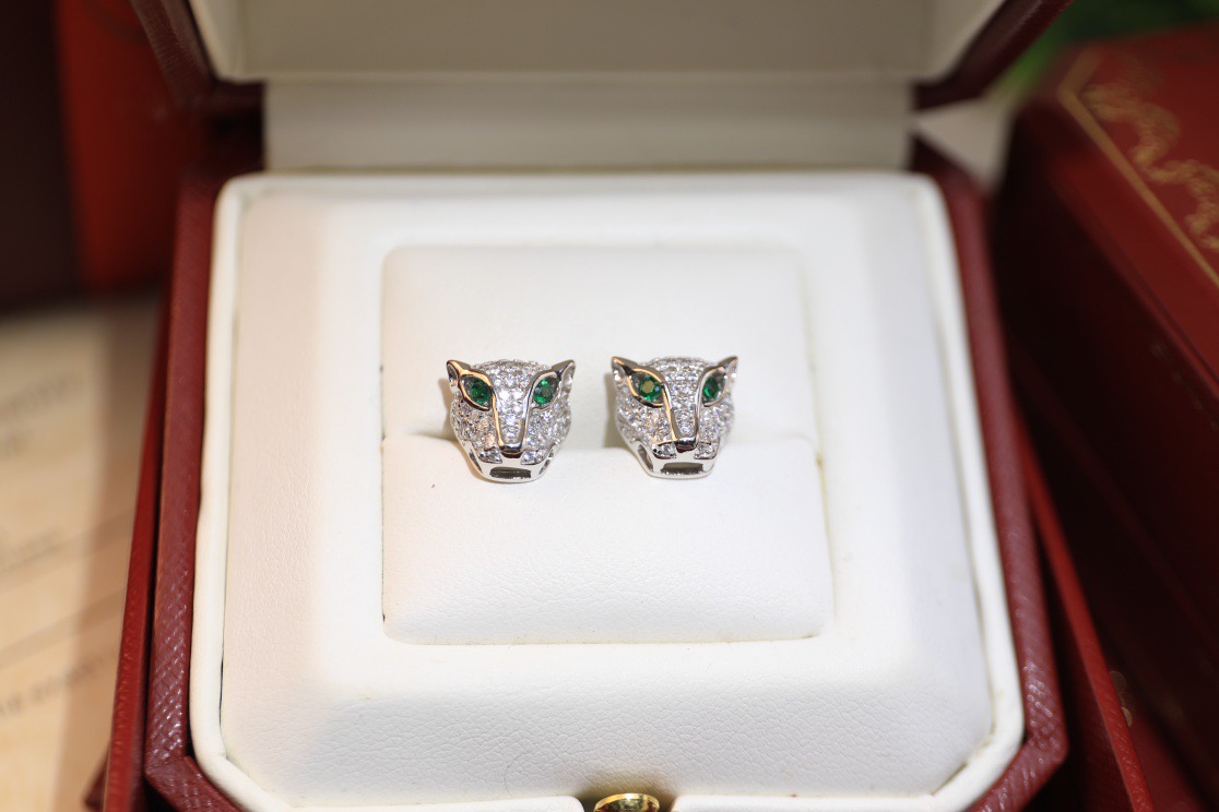 Cartier Panthere de Cartier earrings 18k white gold 18k yellow gold 18k rose gold with pave diamonds and emerald eyes 10mm stud diameter