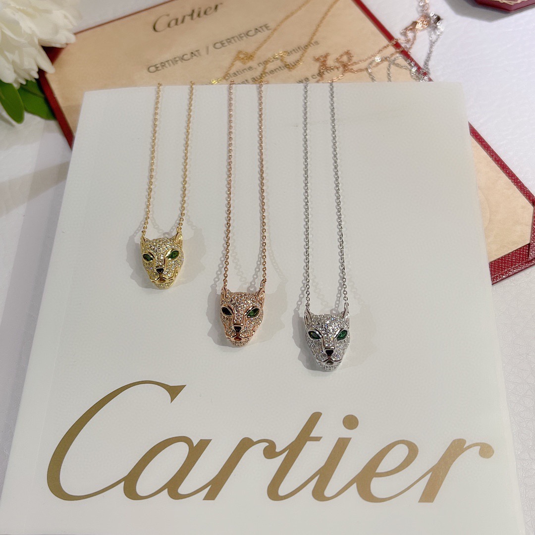 Cartier Panthere de Cartier necklace Available in yellow gold rose gold white gold set with pave diamonds green gemstone eyes black onyx nose detail 40-45cm