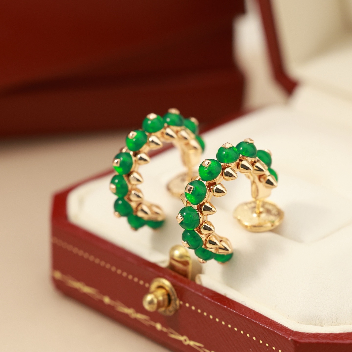 Cartier Clash de Cartier earrings 18k rose gold with green chalcedony cabochons 14mm outer hoop diameter