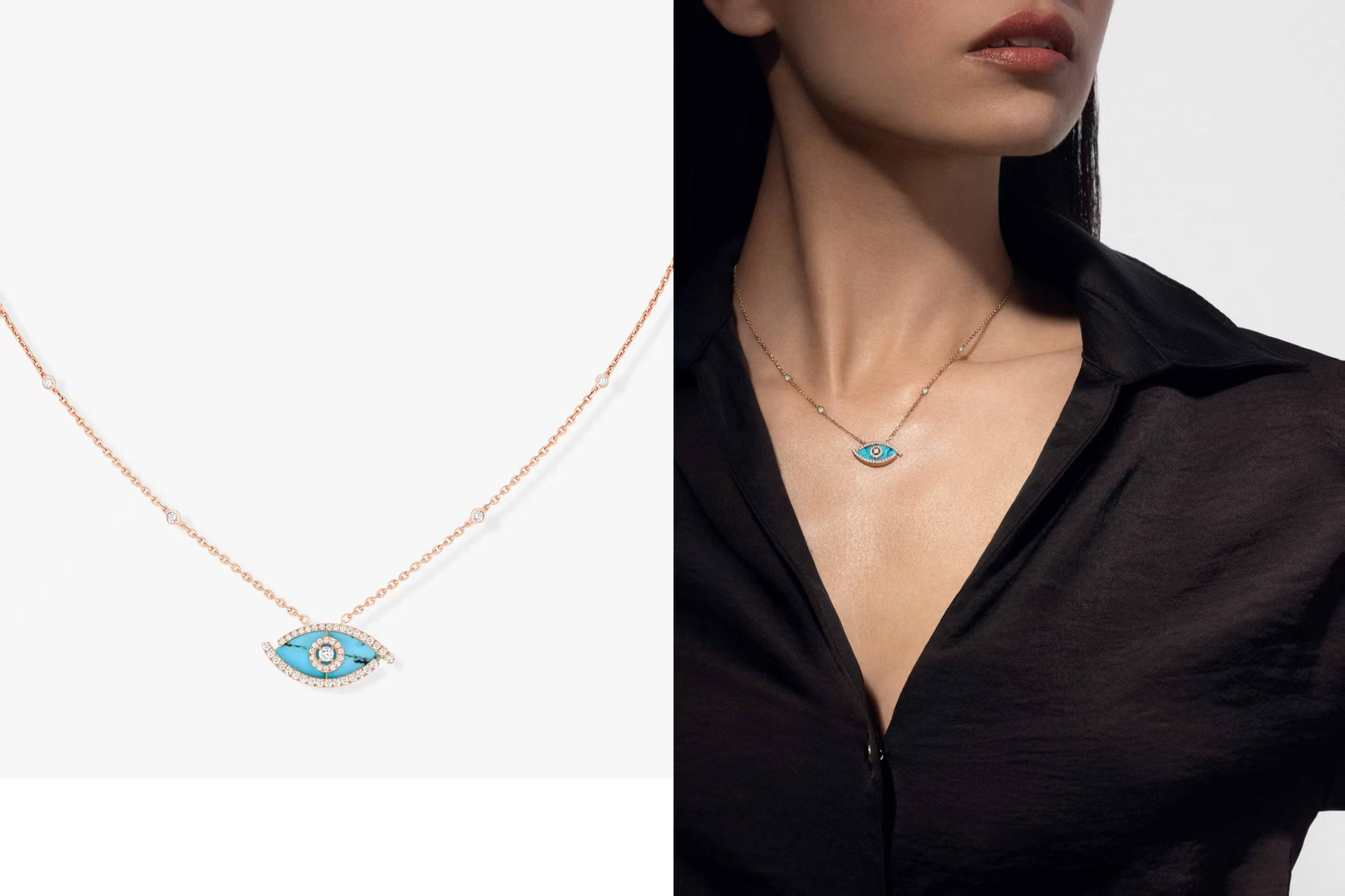 Messika Lucky Eye Evil Eye Pendant Necklace necklace Available in 18k rose gold 18k white gold 18k yellow gold set with malachite or turquoise accented with pave diamonds and a central diamond 42cm with 5cm extender