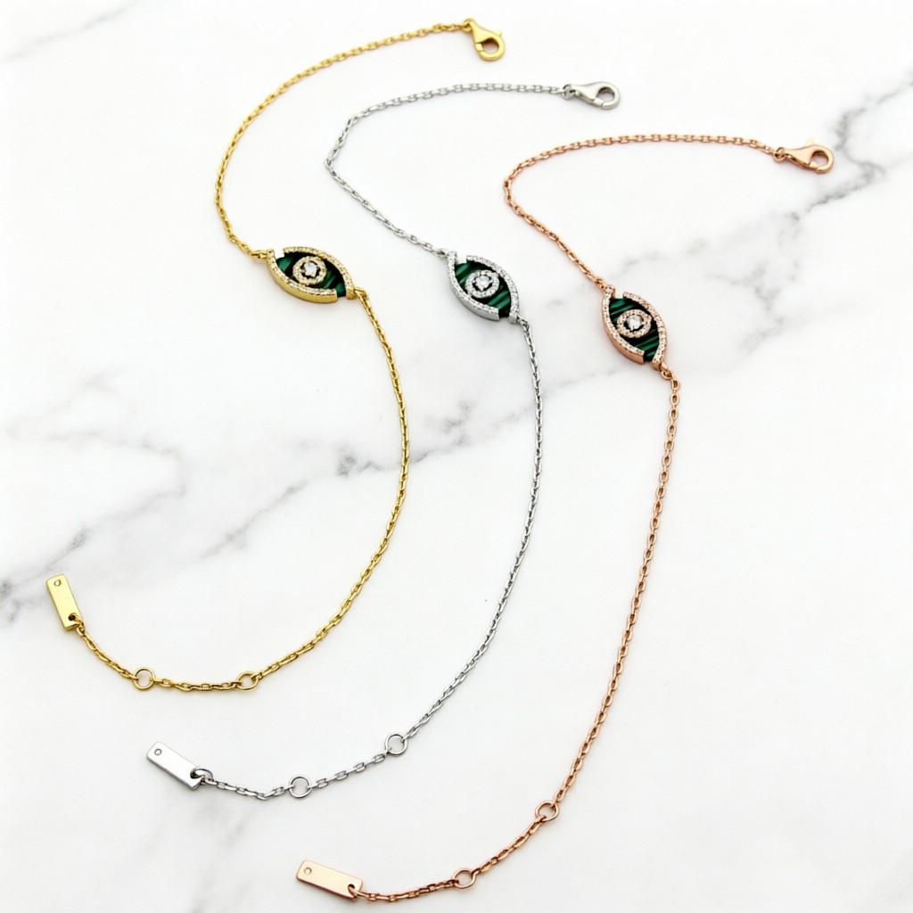 Messika Lucky Eye bracelet yellow gold rose gold white gold with malachite turquoise and diamond accents 17cm adjustable