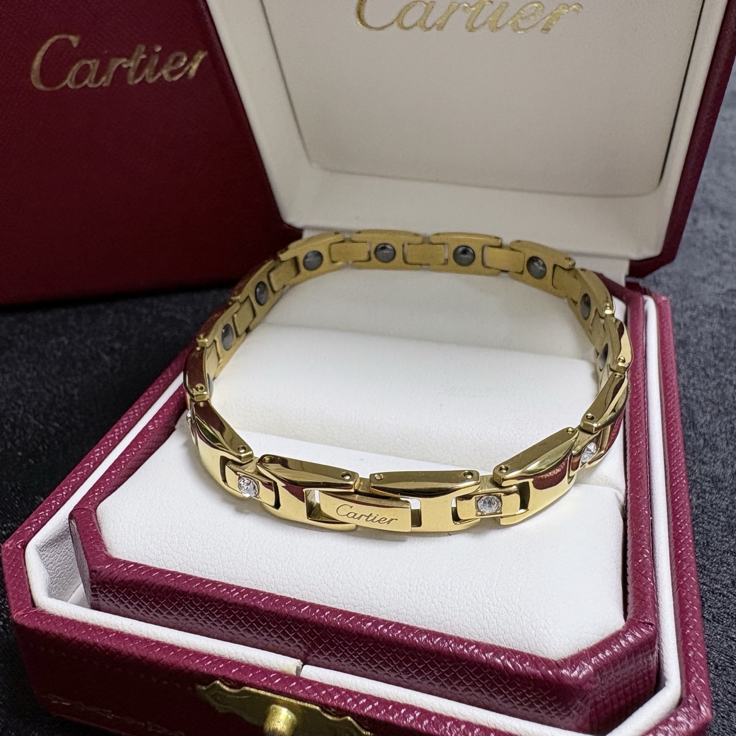Cartier Men s Crystal Inlaid Chain Bracelet bracelet Black metal with clear faceted stones 21cm