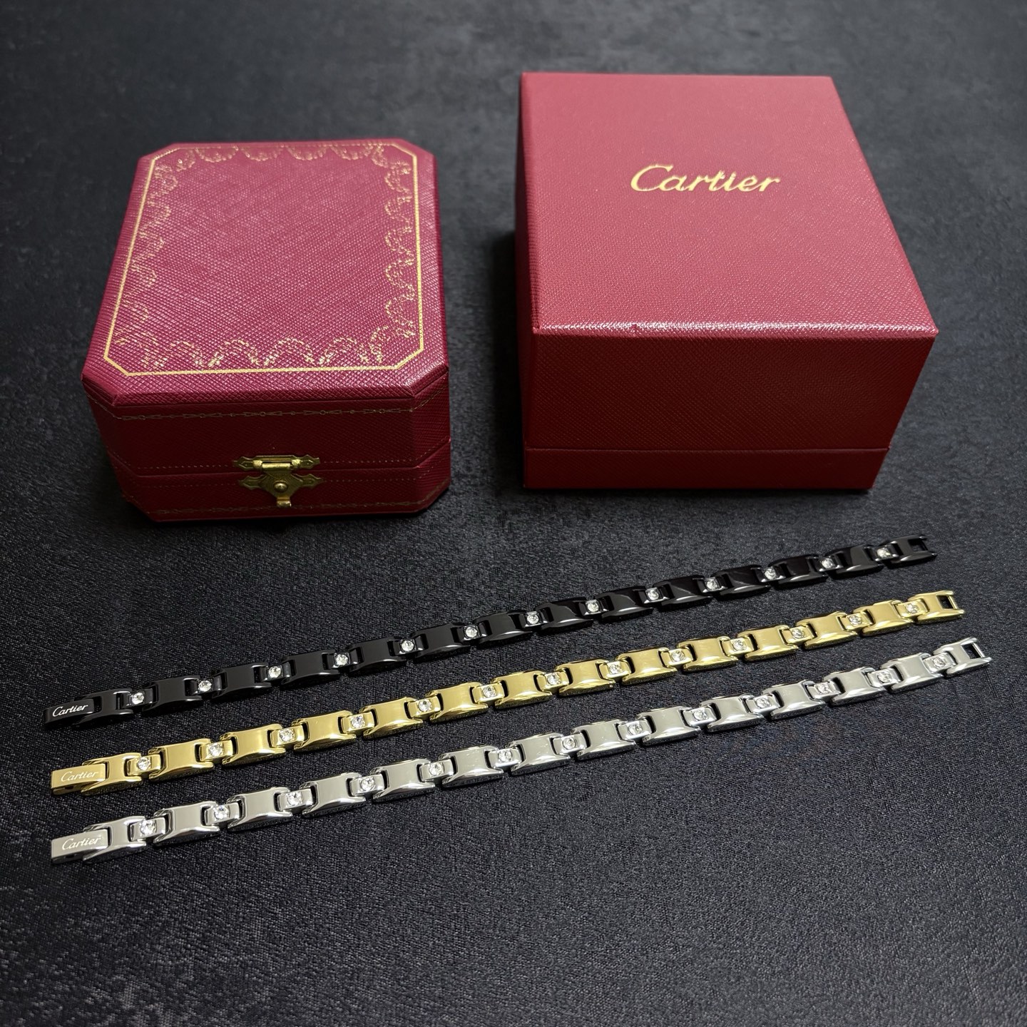 Cartier Men s Crystal Inlaid Chain Bracelet bracelet Black metal with clear faceted stones 21cm