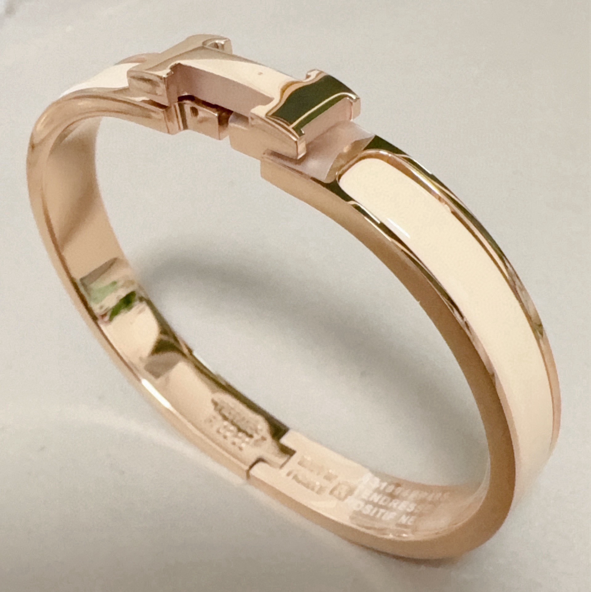 Bracciale Hermes Clic H in metallo oro rosa con smalto bianco crema 8mm MM