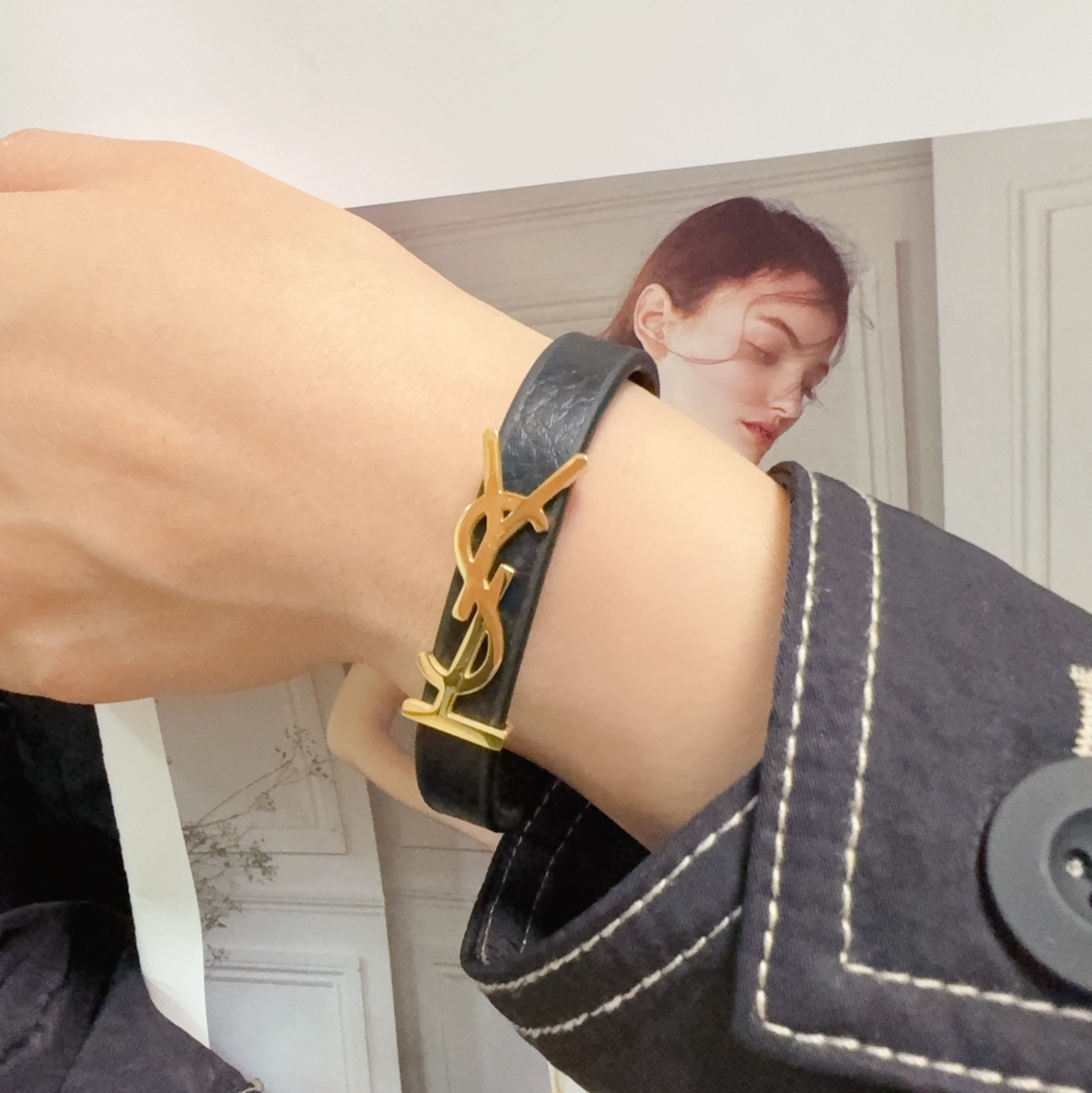 Saint Laurent Cassandre YSL Monogram Leather Bracelet bracelet Black grained leather with gold-tone metal hardware 19cm