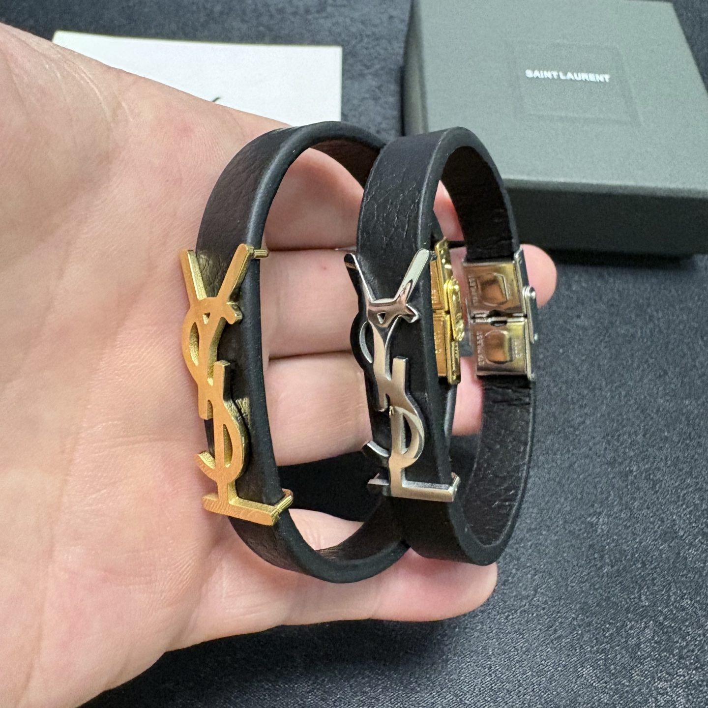 Saint Laurent Cassandre YSL Monogram Leather Bracelet bracelet Black grained leather with gold-tone metal hardware 19cm