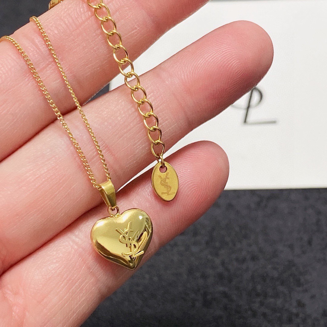 Saint Laurent YSL Monogram Heart Pendant necklace gold-tone metal 42cm with 5cm extender