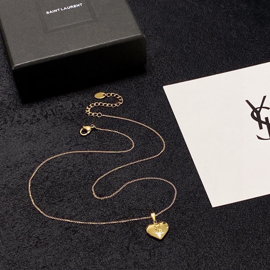 Saint Laurent YSL Monogram Heart Pendant necklace gold-tone metal 42cm with 5cm extender