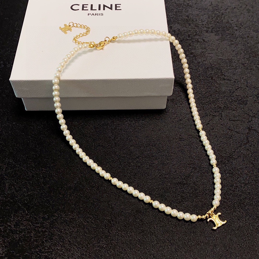 Celine Triomphe Pearl Choker necklace gold-tone metal white pearl 40cm with 5cm extender