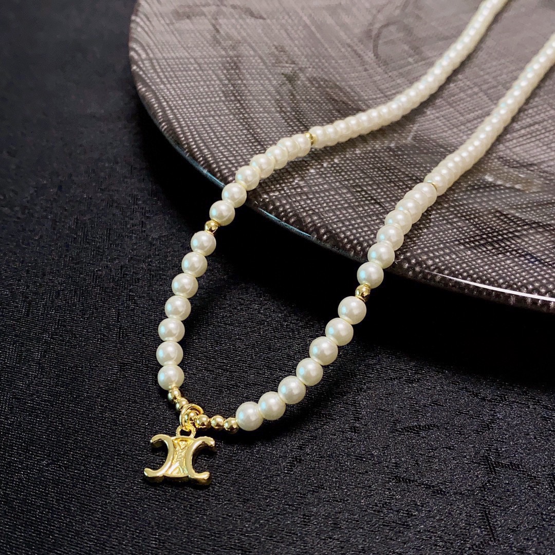 Celine Triomphe Pearl Choker necklace gold-tone metal white pearl 40cm with 5cm extender