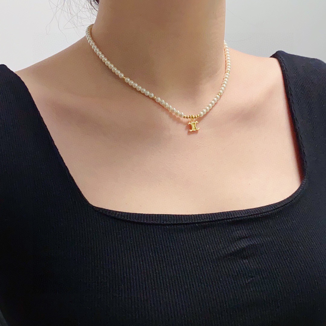 Celine Triomphe Pearl Choker necklace gold-tone metal white pearl 40cm with 5cm extender