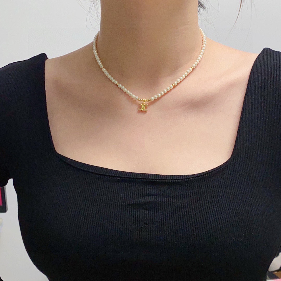 Celine Triomphe Pearl Choker necklace gold-tone metal white pearl 40cm with 5cm extender