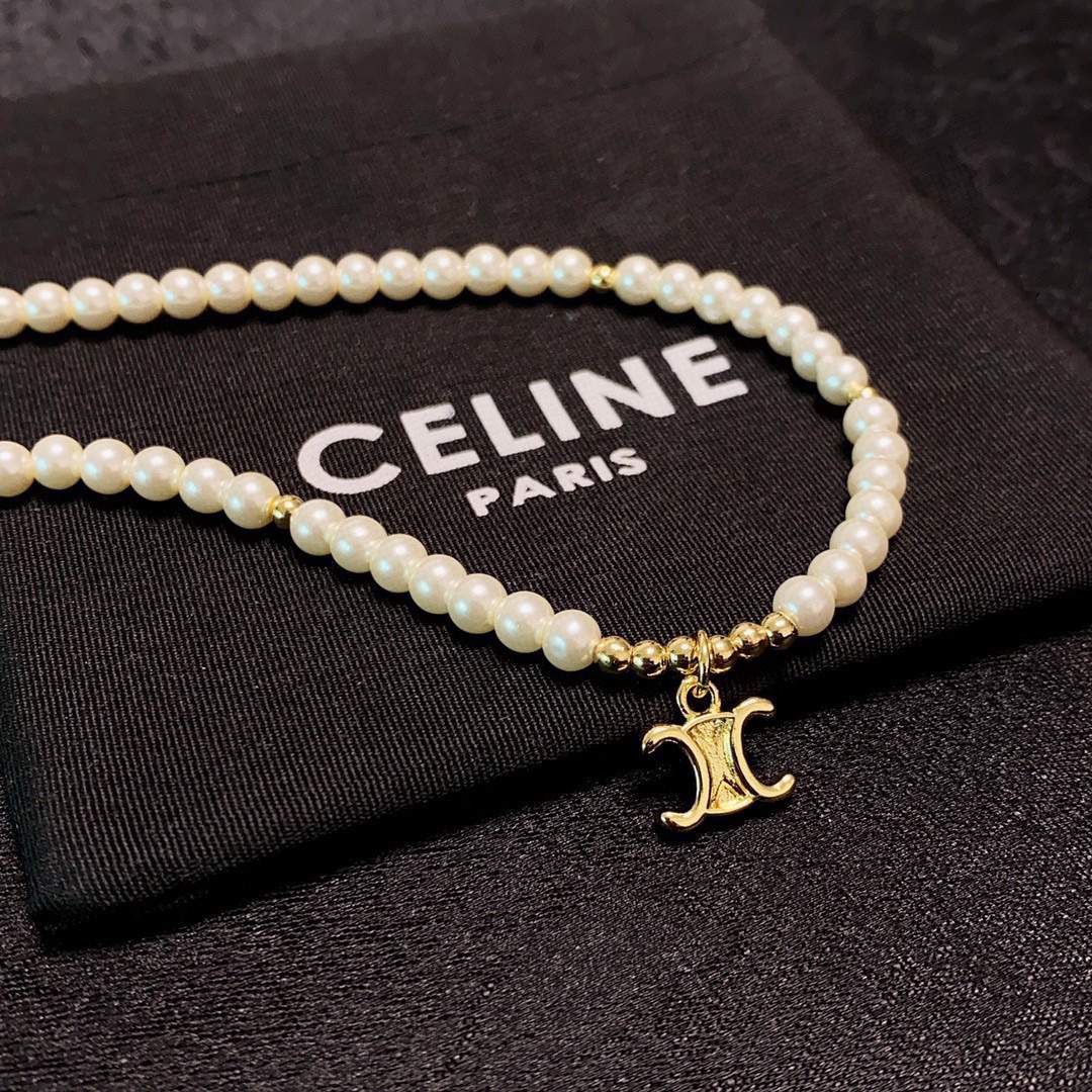 Celine Triomphe Pearl Choker necklace gold-tone metal white pearl 40cm with 5cm extender