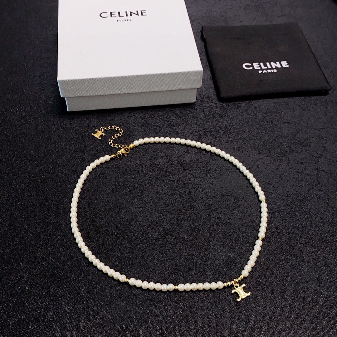 Celine Triomphe Pearl Choker necklace gold-tone metal white pearl 40cm with 5cm extender