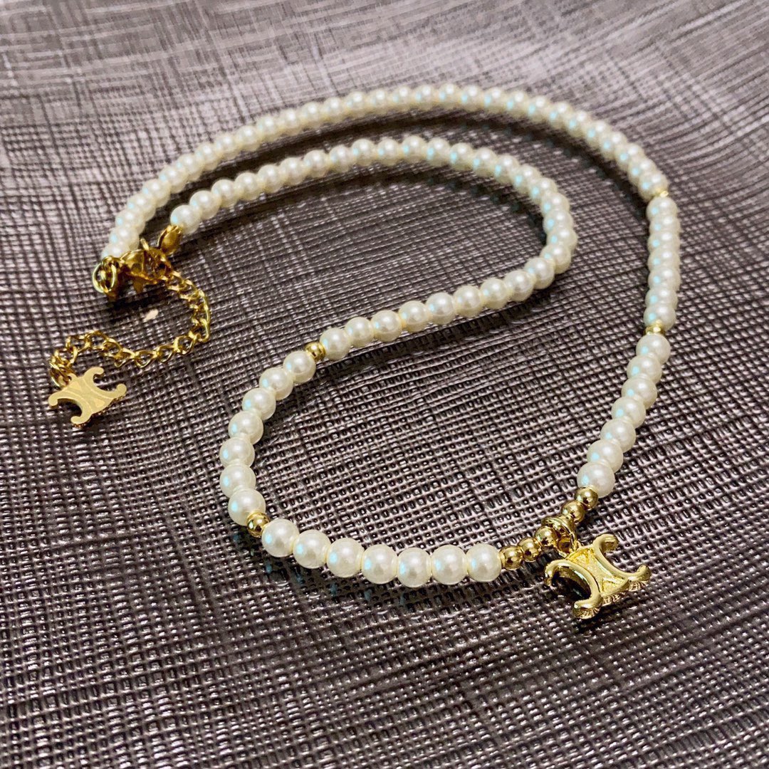 Celine Triomphe Pearl Choker necklace gold-tone metal white pearl 40cm with 5cm extender