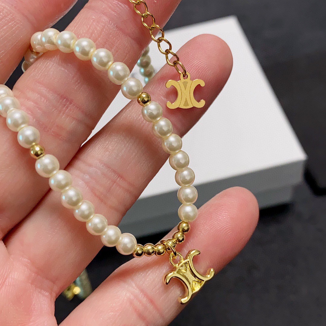 Celine Triomphe Pearl Choker necklace gold-tone metal white pearl 40cm with 5cm extender